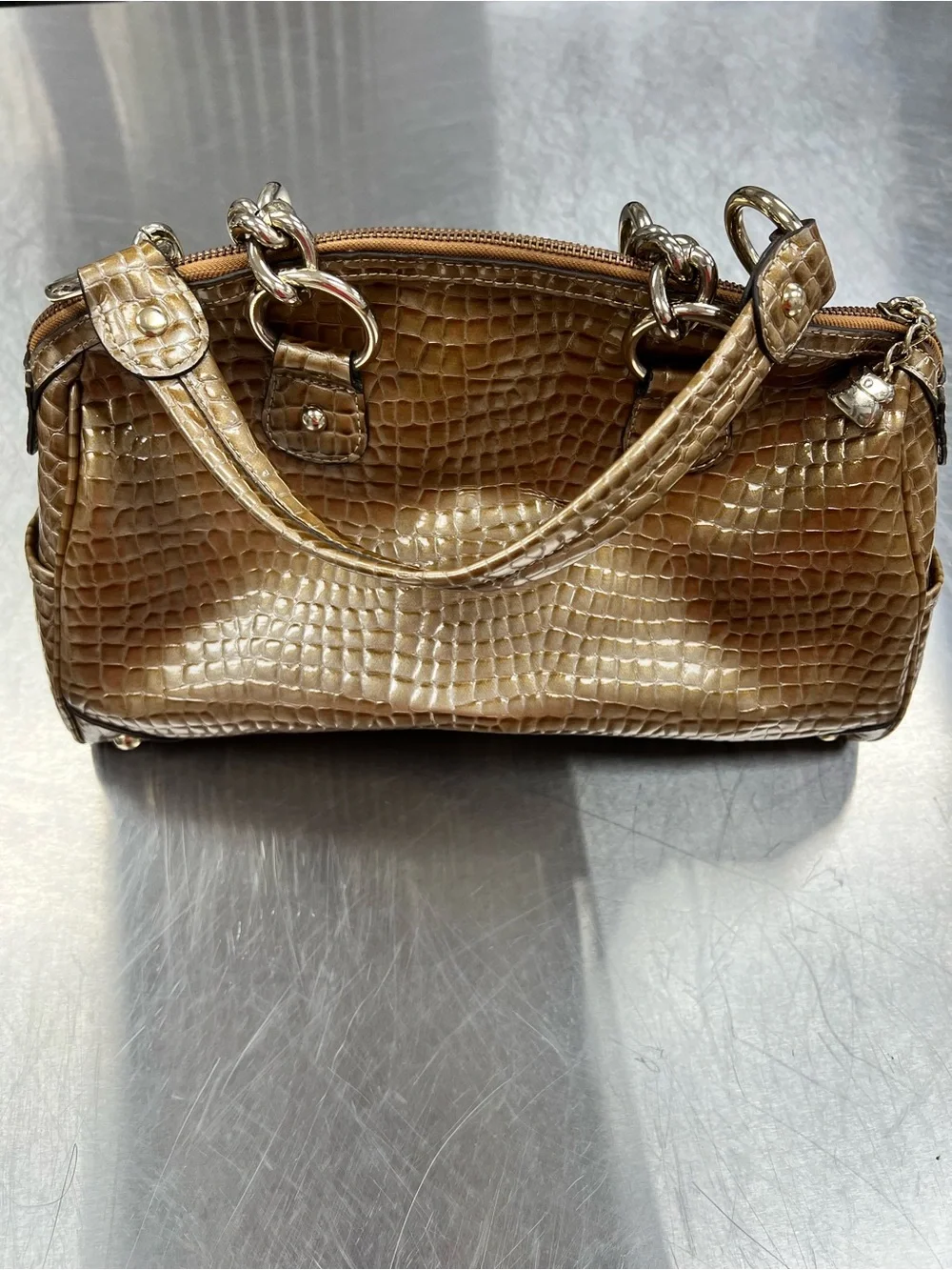 Kathy Van Zeeland Y2K Gold Croc-Embossed Chain Handle Shoulder Bag